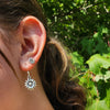 Close-up of an ear wearing silver sunflower earrings with a green leafy background