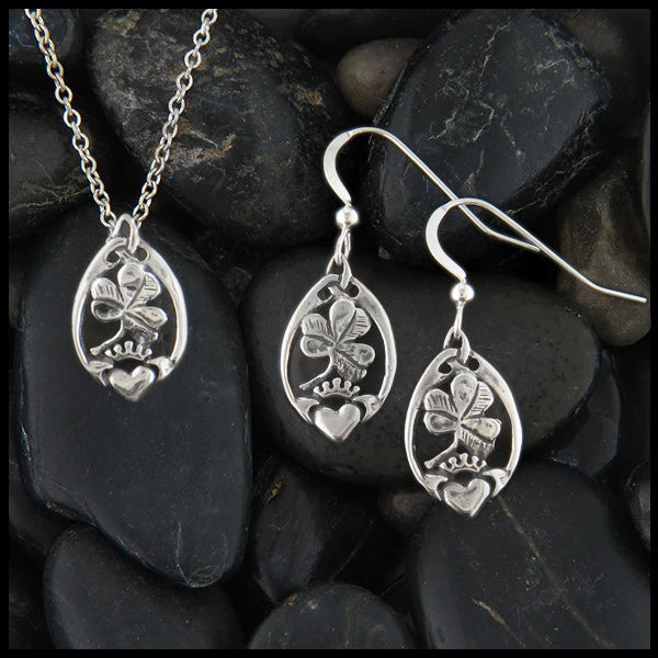 Claddagh and Shamrock Pendant and Earrings Set in Silver