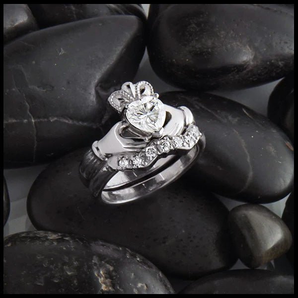 Heritage Claddagh Wedding Set in 14KW with 6mm Heart Moissanite