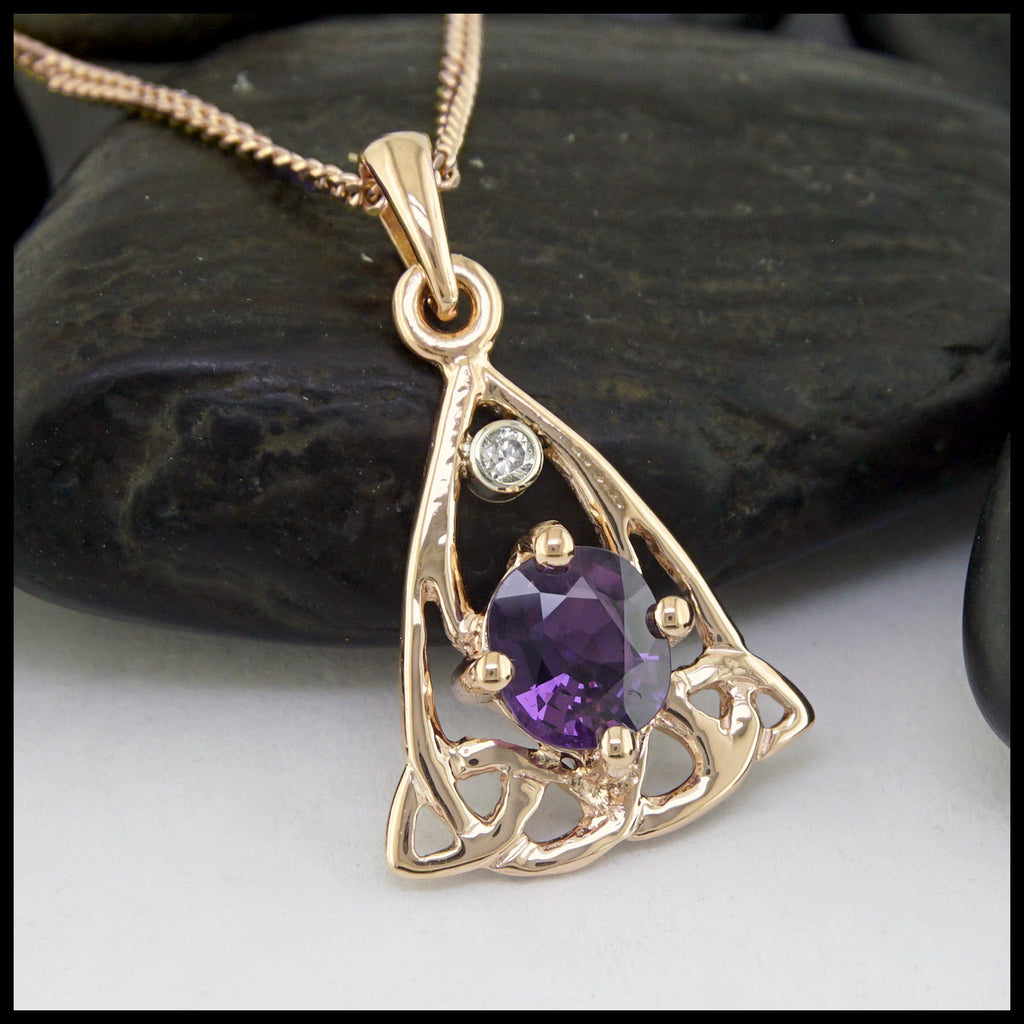 Rose gold Celtic pendant with Purple Sapphire and Diamond