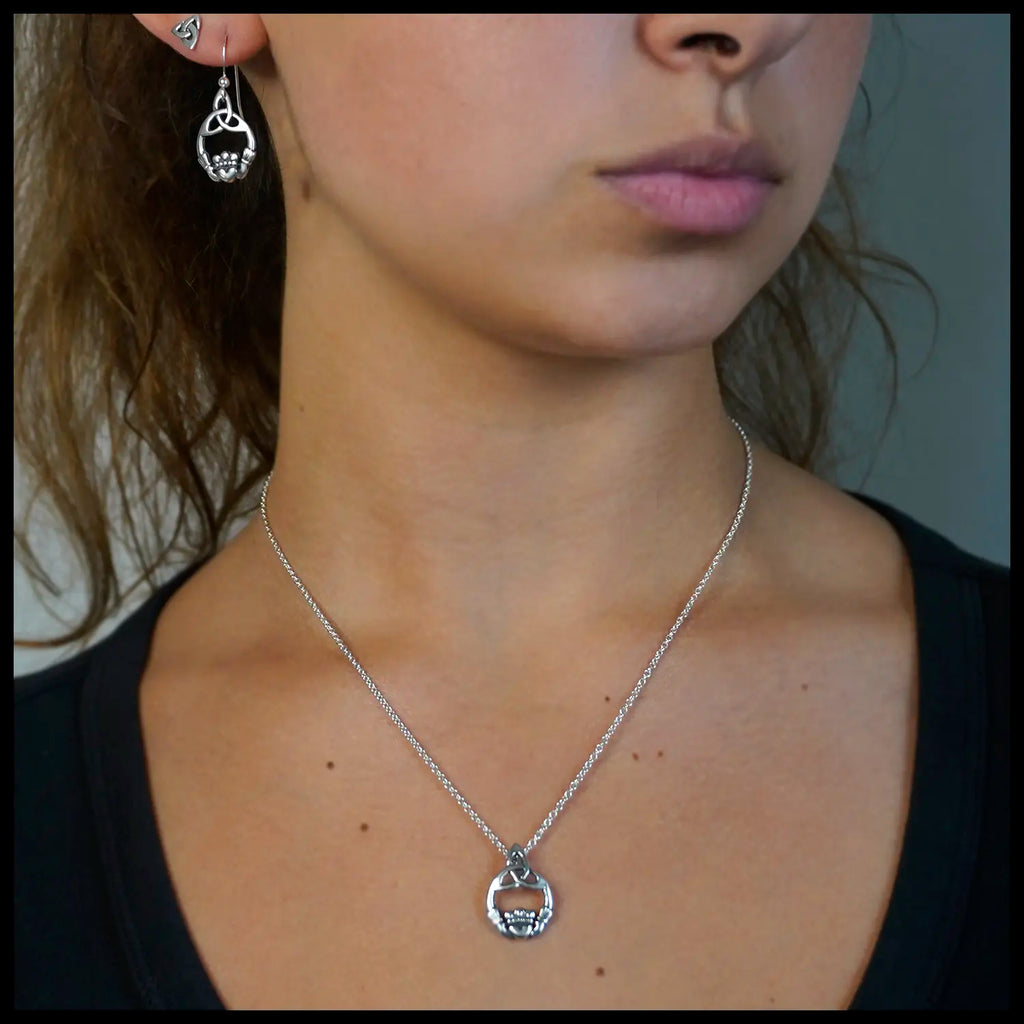 Trinity Claddagh Pendant and Drop Earring Set in Sterling Silver