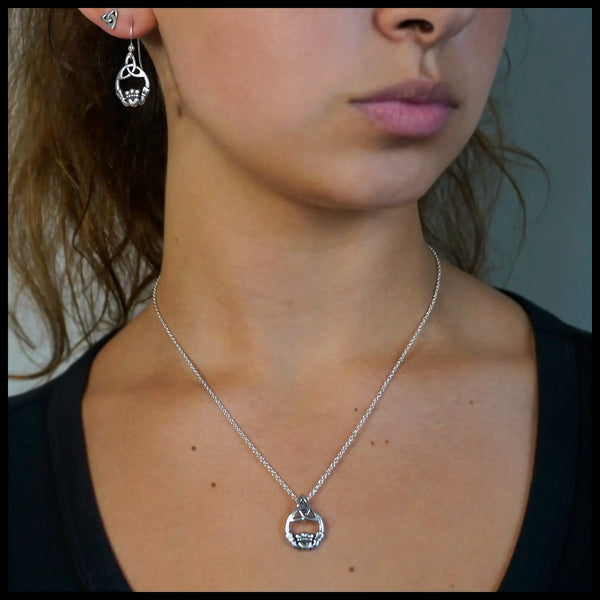 Trinity Claddagh Pendant and Drop Earring Set in Sterling Silver