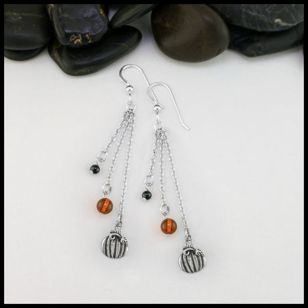 Pumpkin Charm Drop Earrings with Onyx and Amber