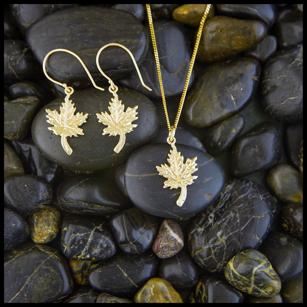 Maple Leaf Pendant and Earrings Set in Gold
