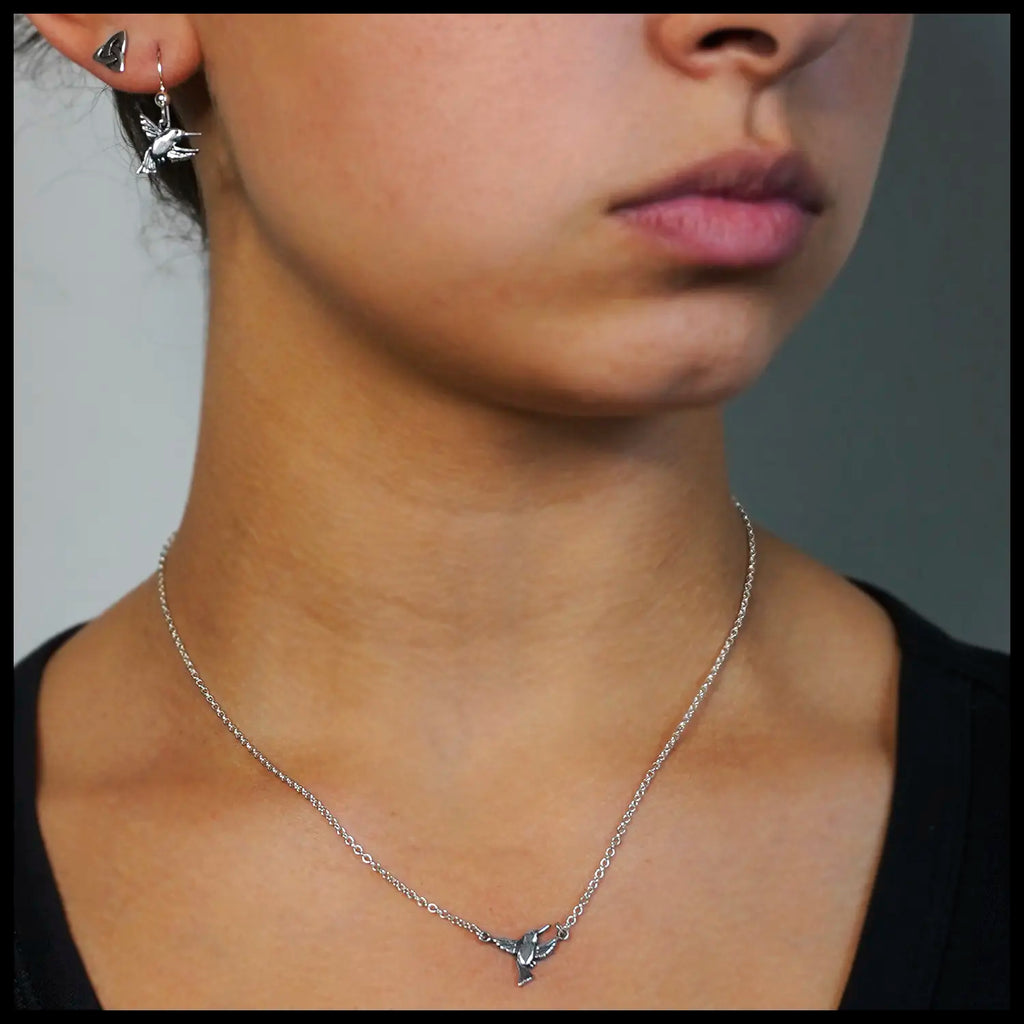 Dainty Hummingbird Necklace nd Earring Set in Silver