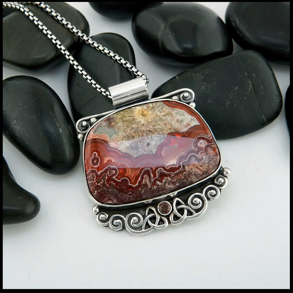 Crazy Lace Agate and Garnet pendant in Sterling Silver