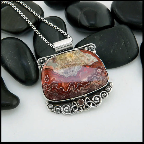 Crazy Lace Agate and Garnet pendant in Sterling Silver