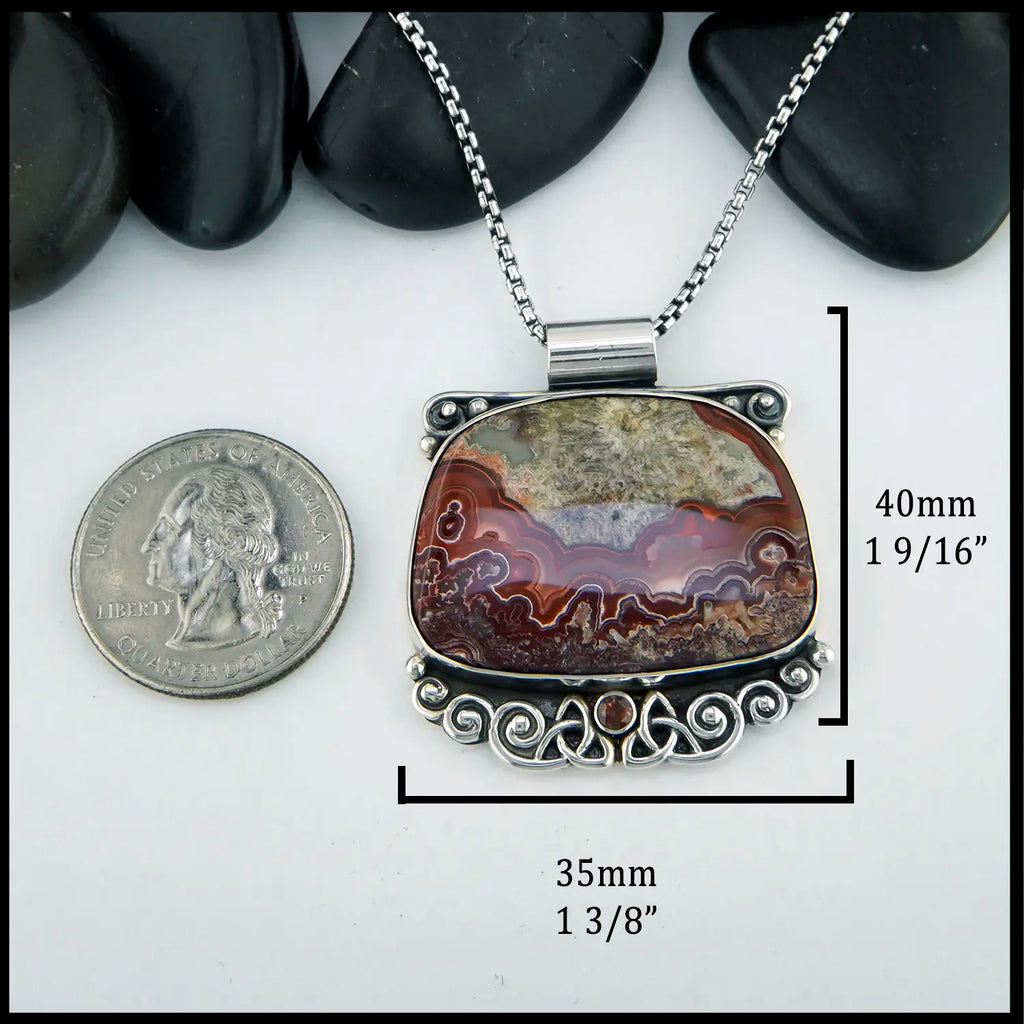 Crazy Lace Agate and Garnet pendant in Sterling Silver
40mm x 35mm