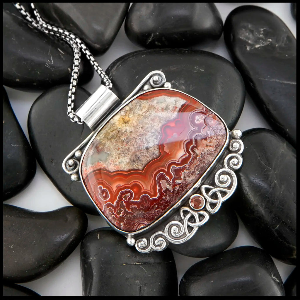 Crazy Lace Agate and Garnet pendant in Sterling Silver