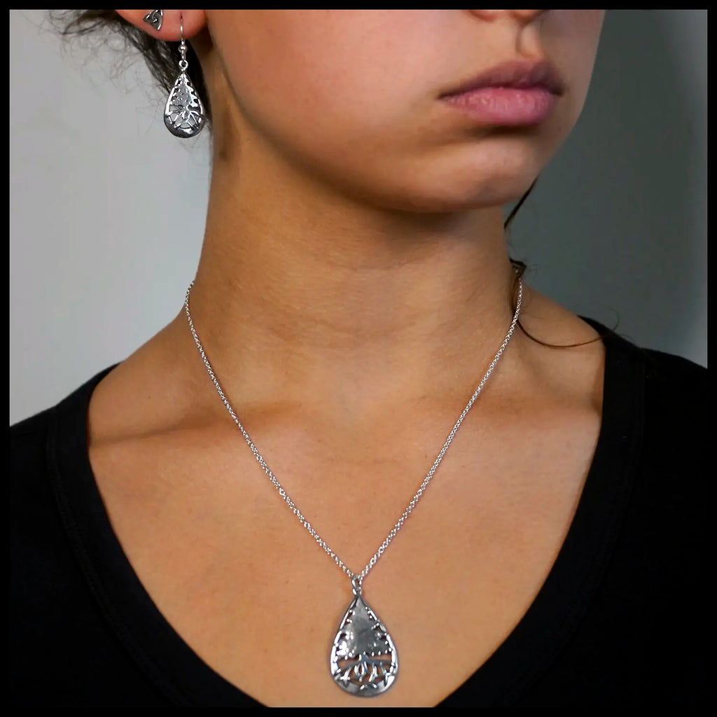 Rustic Celtic Pine Tree Pendant and Earrings in Silver