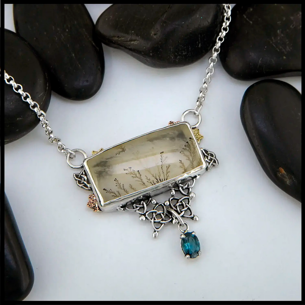 Dendritic Quartz and Blue Topaz set in a custom Sterling Silver Pendant