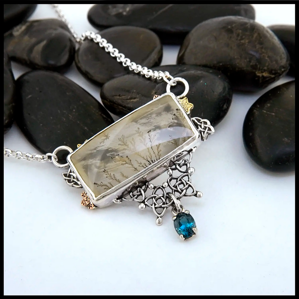 Dendritic Quartz and Blue Topaz set in a custom Sterling Silver Pendant