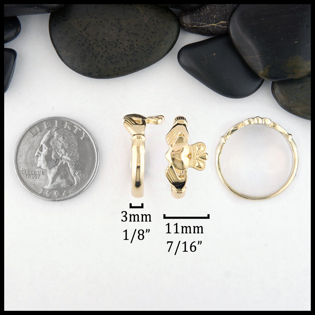 Heritage Claddagh ring in Gold: Band width 3mm 1/8" crown width 11mm 7/16"