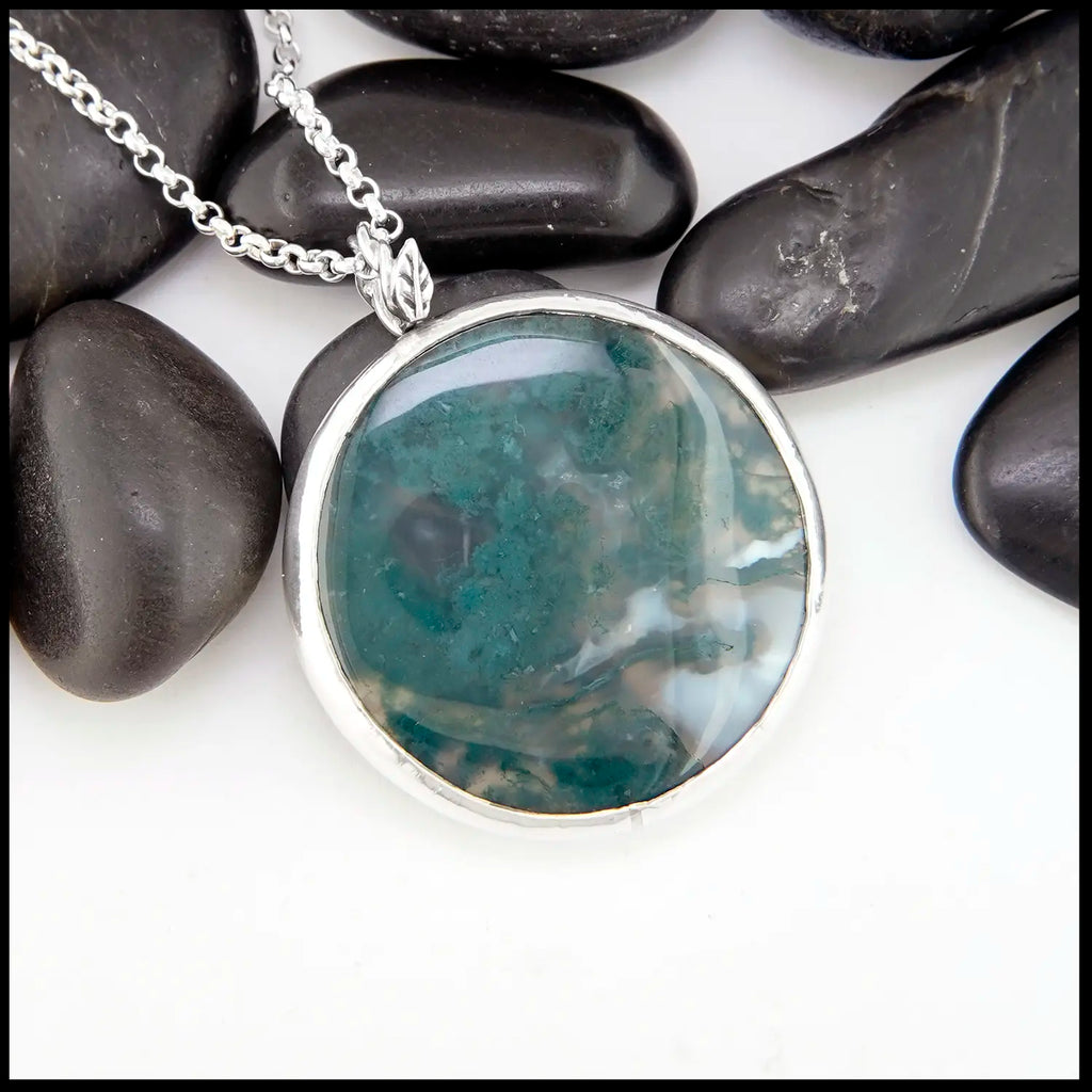 Moss Agate Flower Pendant in Sterling Silver