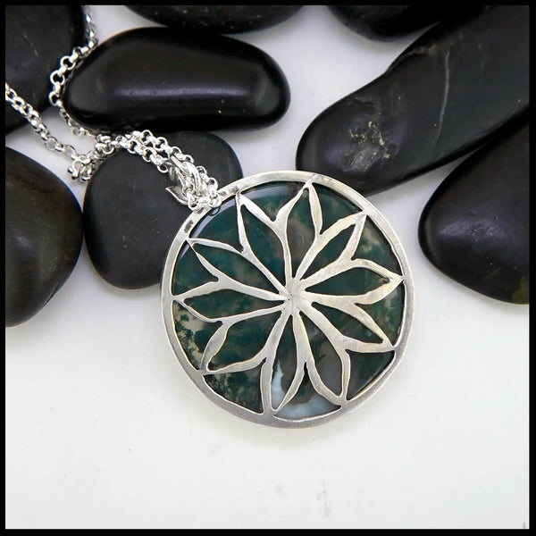 Moss Agate Flower Pendant in Sterling Silver- Reverse