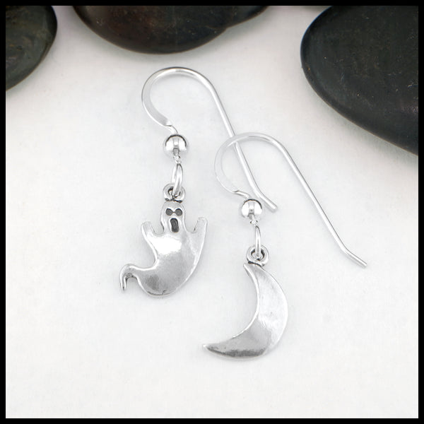 Ghost and Crescent Moon Drop Earrings