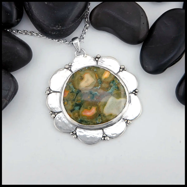Ocean Jasper Flower Pendant in Sterling Silver