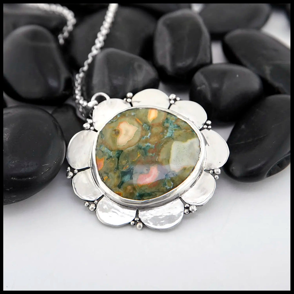 Ocean Jasper Flower Pendant in Sterling Silver