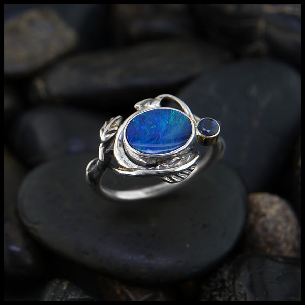 Sterling Silver Opal Leaf and Vine Forest Ring with Sapphire