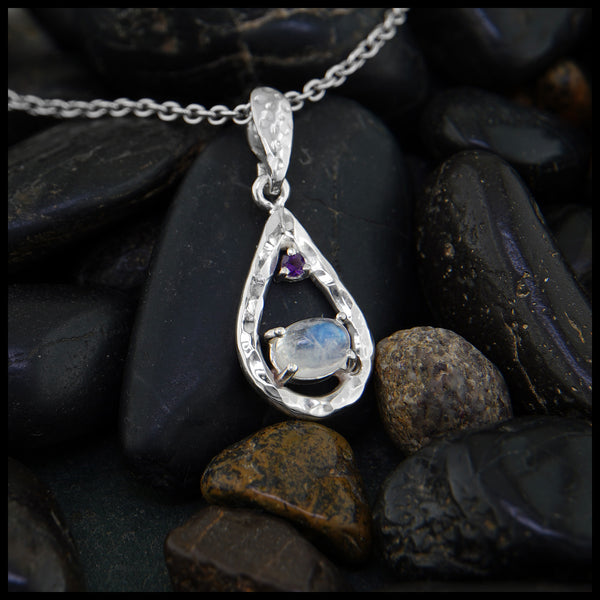 Sterling Silver Hammered Tear Moonstone Pendant with Amethyst