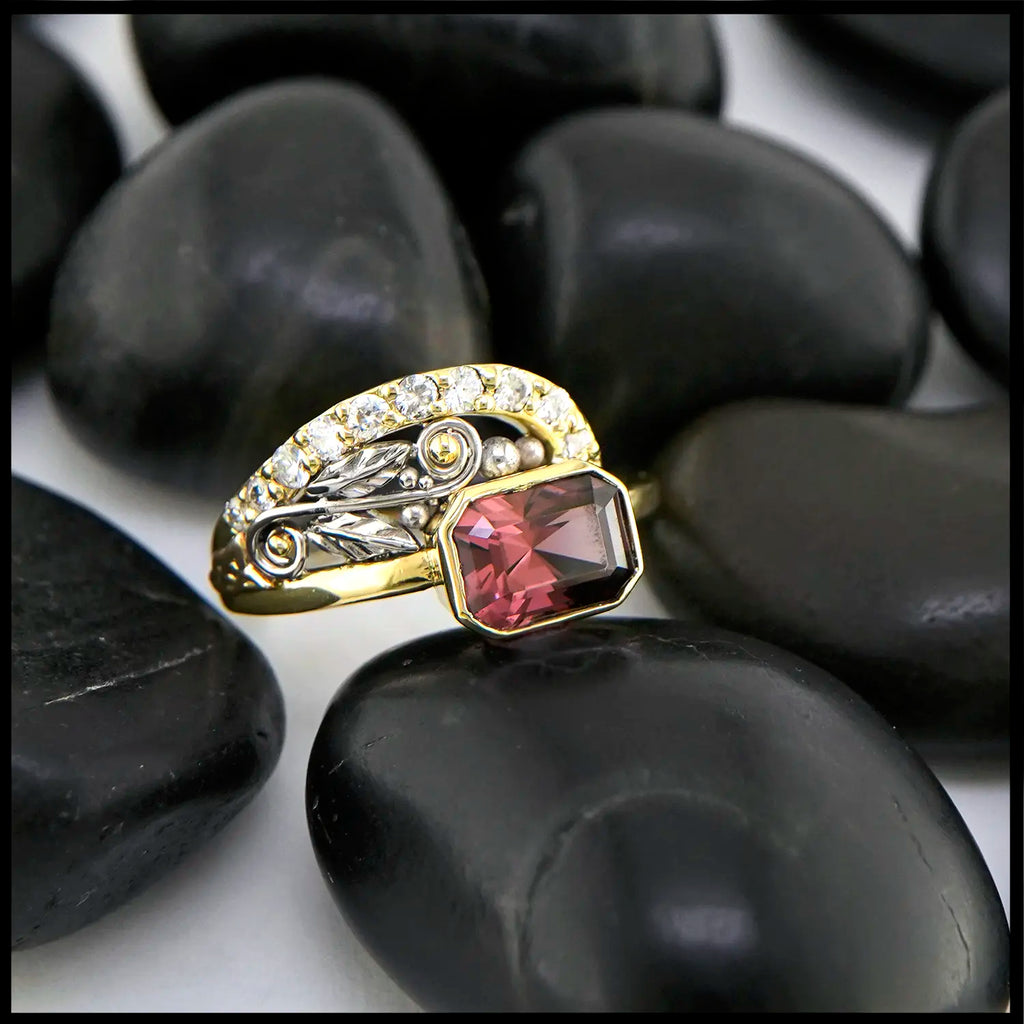 Rhodolite Garnet set in 18K Yellow and 14K White Gold Ring with Diamonds