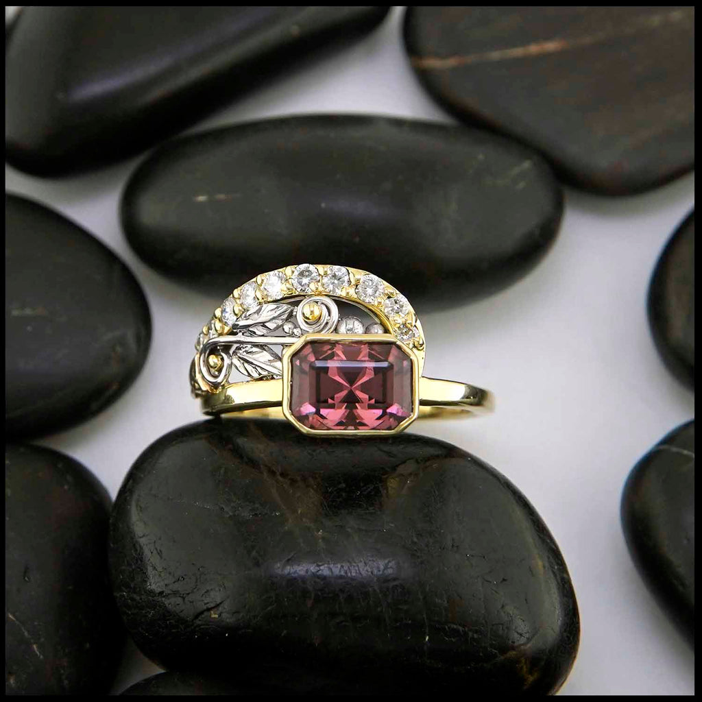 Rhodolite Garnet set in 18K Yellow and 14K White Gold Ring with Diamonds