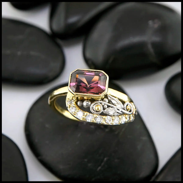 Rhodolite Garnet set in 18K Yellow and 14K White Gold Ring with Diamonds
