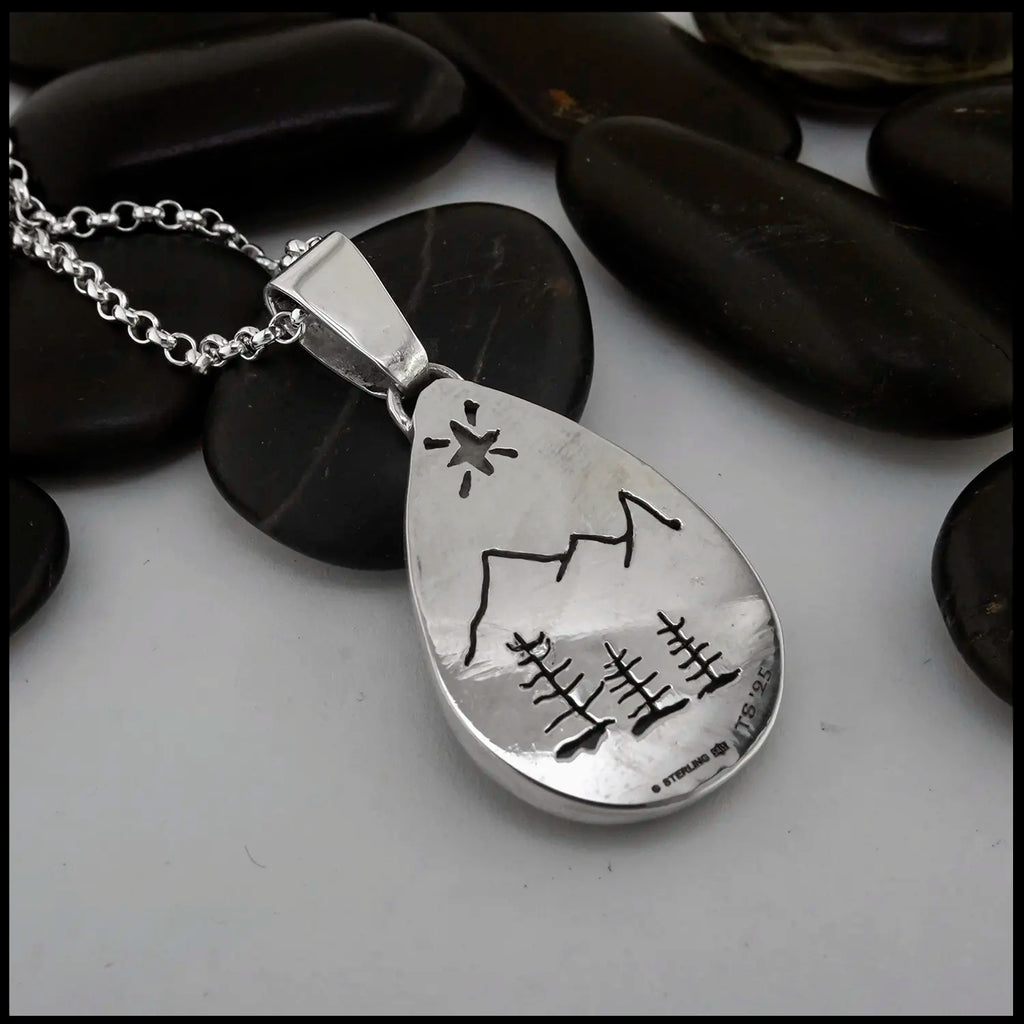 Teardrop Jasper Set in Sterling Silver Reverse with Mountain and Trees