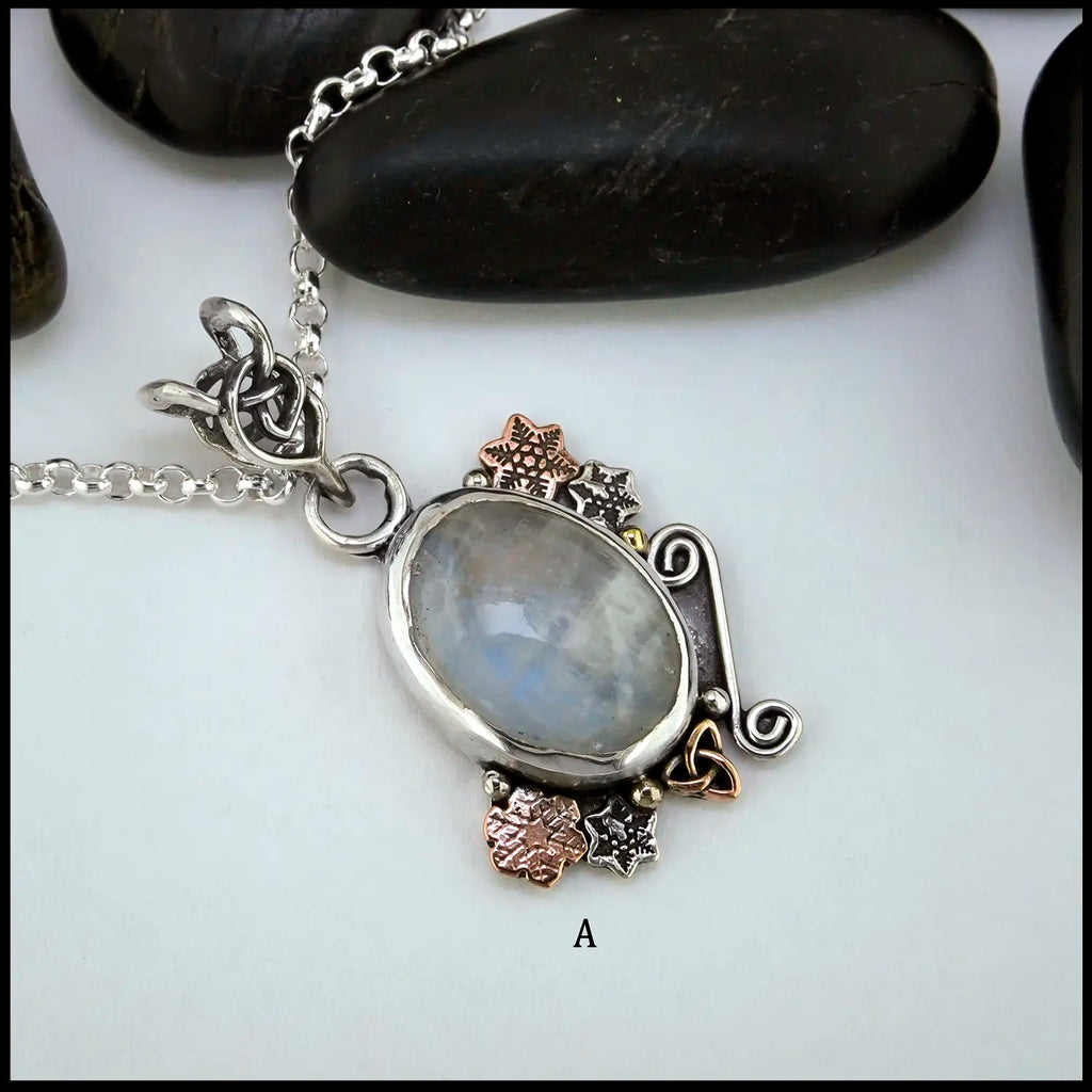 Custom Moonstone Pendants in Sterling Silver, 14K Rose Gold, and 18K Yellow Gold- Pendant A