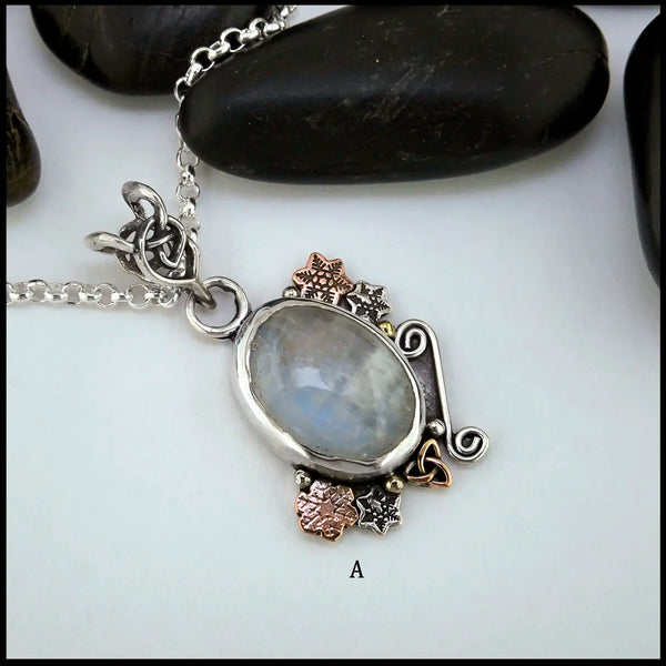 Custom Moonstone Pendants in Sterling Silver, 14K Rose Gold, and 18K Yellow Gold- Pendant A