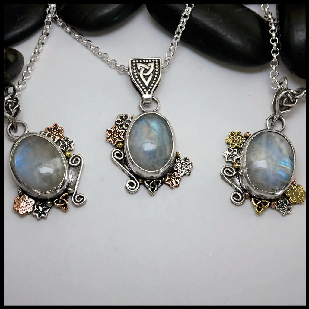 Custom Moonstone Pendants in Sterling Silver, 14K Rose Gold, and 18K Yellow Gold