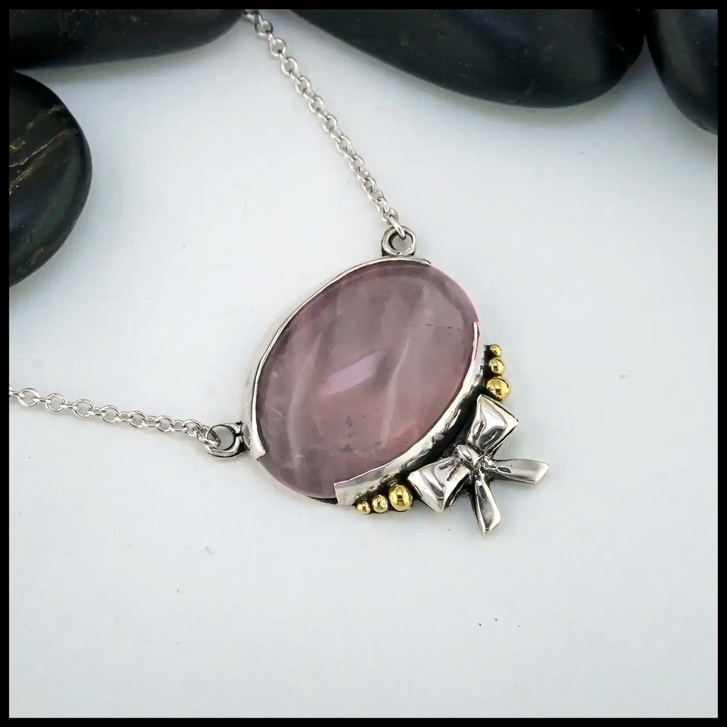Rose Quartz Ribbon Pendant in Sterling Silver and 18K Yellow Gold