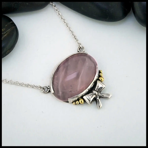 Rose Quartz Ribbon Pendant in Sterling Silver and 18K Yellow Gold