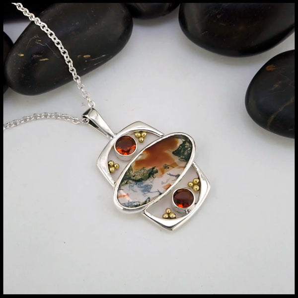 Moss Agate Citrine Pendant in Sterling Silver and 18K Gold