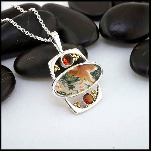 Moss Agate Citrine Pendant in Sterling Silver and 18K Gold
