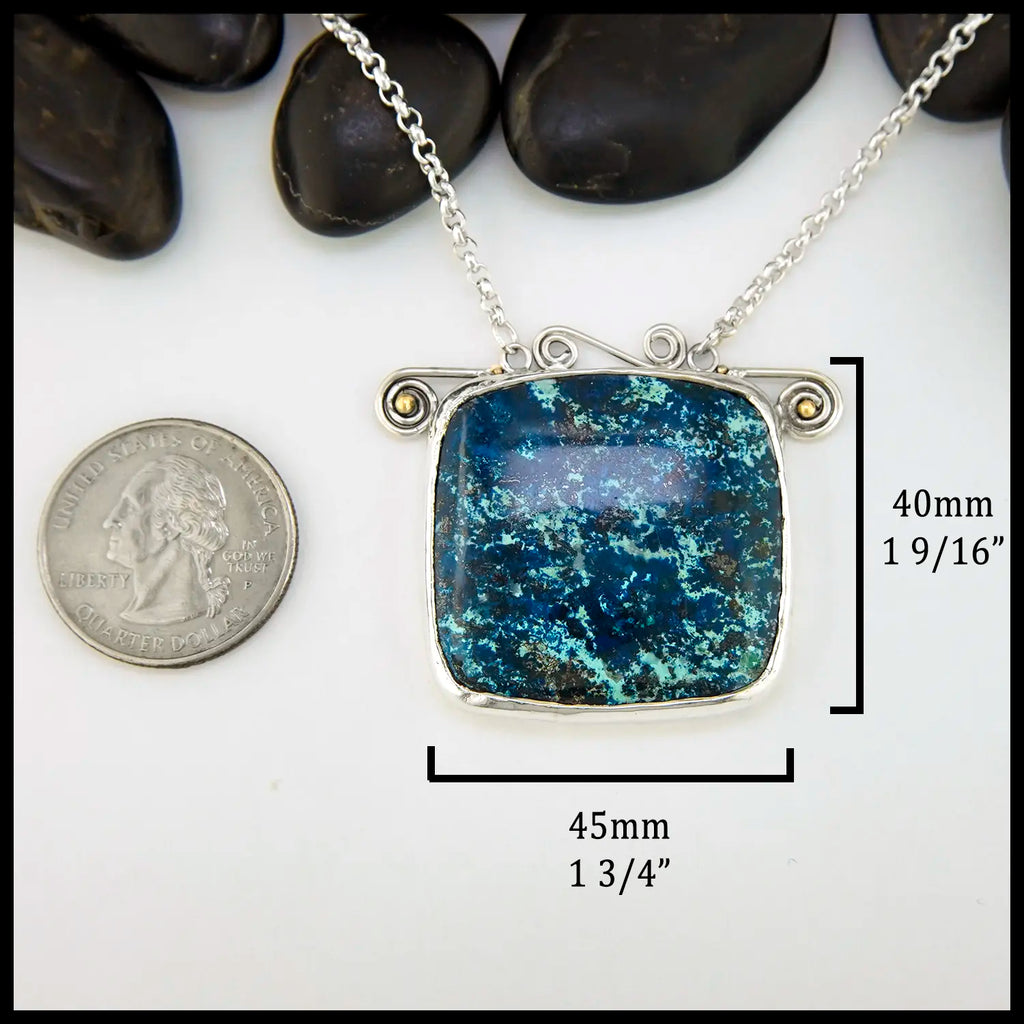 Shattuckite Pendant in Sterling Silver and 18K Gold
40mm x 45mm