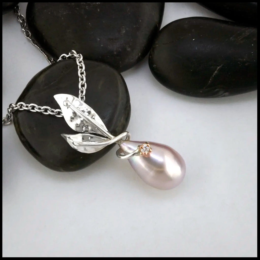 Floral South Sea Pearl and Diamond Pendant set in Sterling Silver and 14K Rose Gold