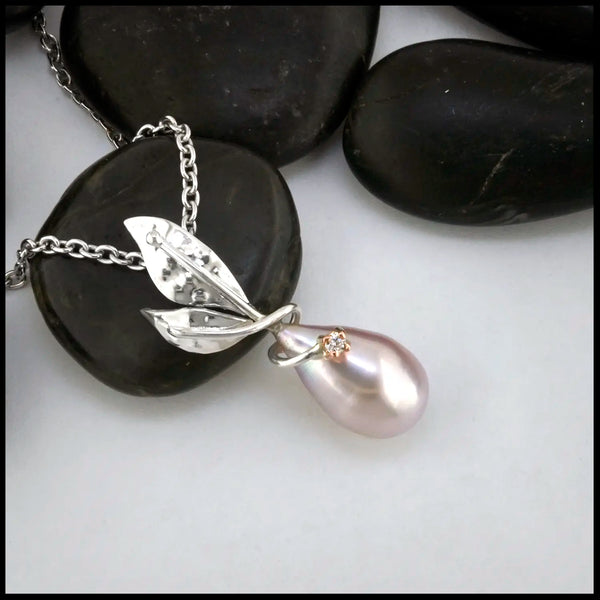 Floral South Sea Pearl and Diamond Pendant set in Sterling Silver and 14K Rose Gold