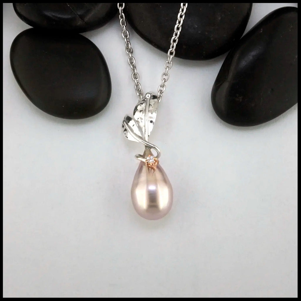 Floral South Sea Pearl and Diamond Pendant set in Sterling Silver and 14K Rose Gold