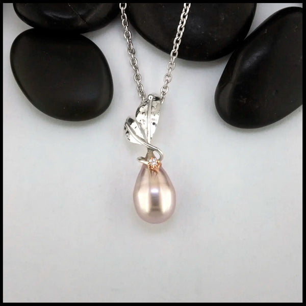 Floral South Sea Pearl and Diamond Pendant set in Sterling Silver and 14K Rose Gold