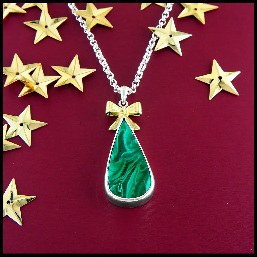 Malachite Christmas Tree Pendant in Sterling Silver and 18K Yellow Gold