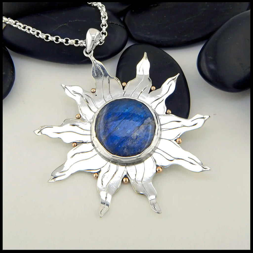 Labradorite Sun Pendant Set in Sterling silver and 14K Rose Gold