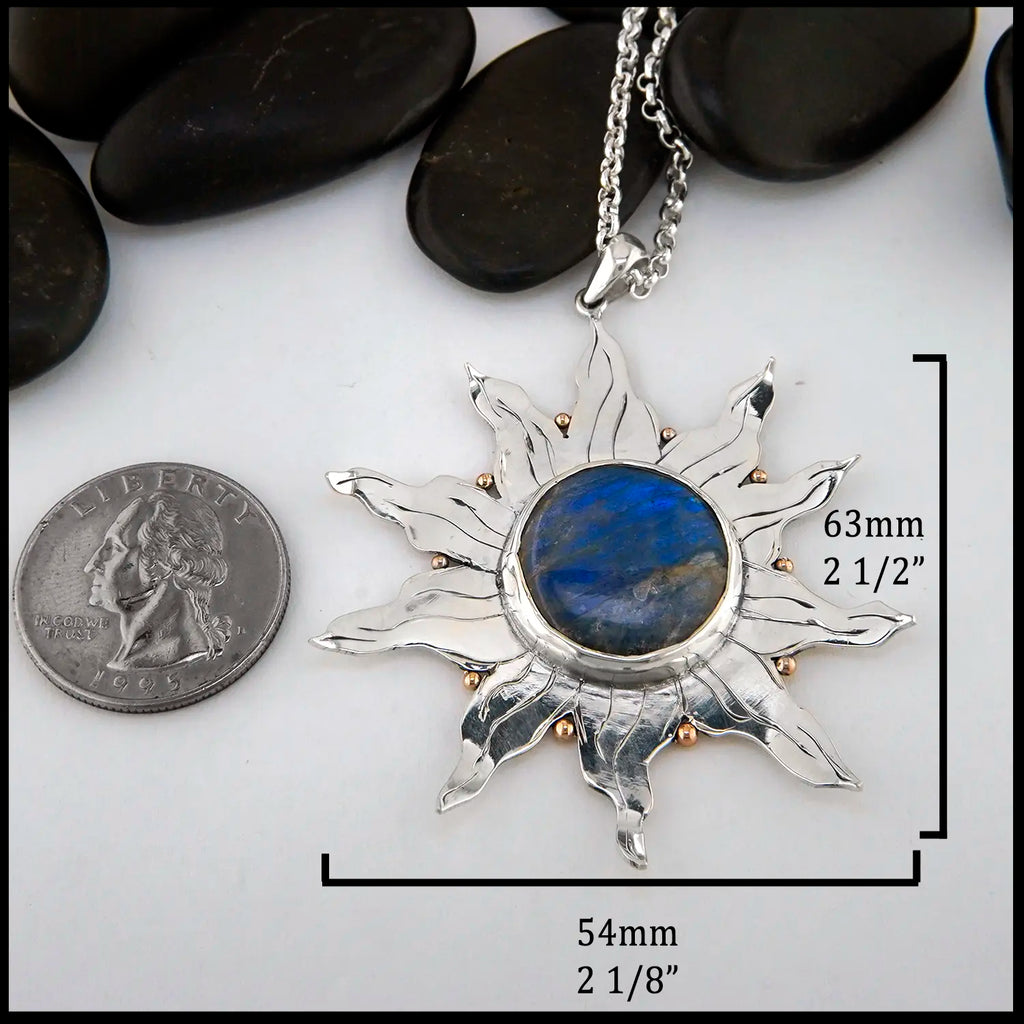 Labradorite Sun Pendant Set in Sterling silver and 14K Rose Gold
63mm x 54mm