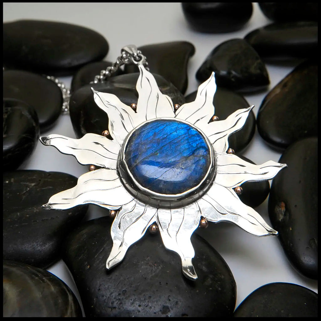 Labradorite Sun Pendant Set in Sterling silver and 14K Rose Gold