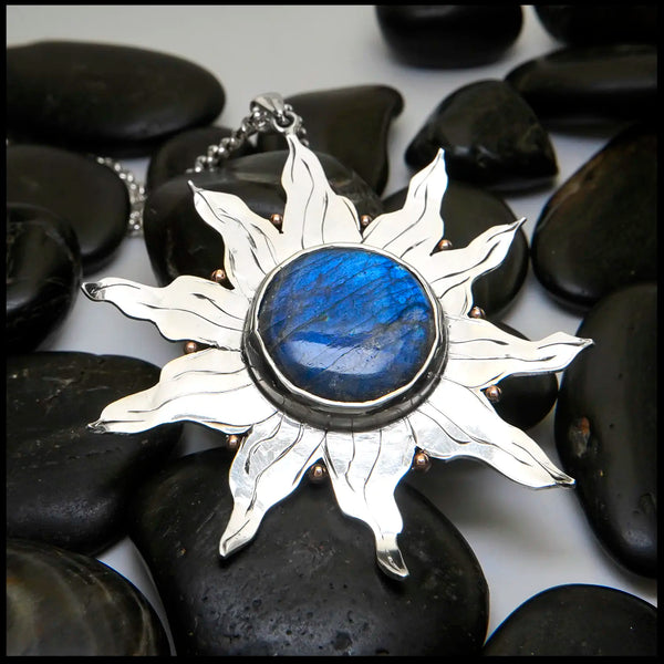 Labradorite Sun Pendant Set in Sterling silver and 14K Rose Gold