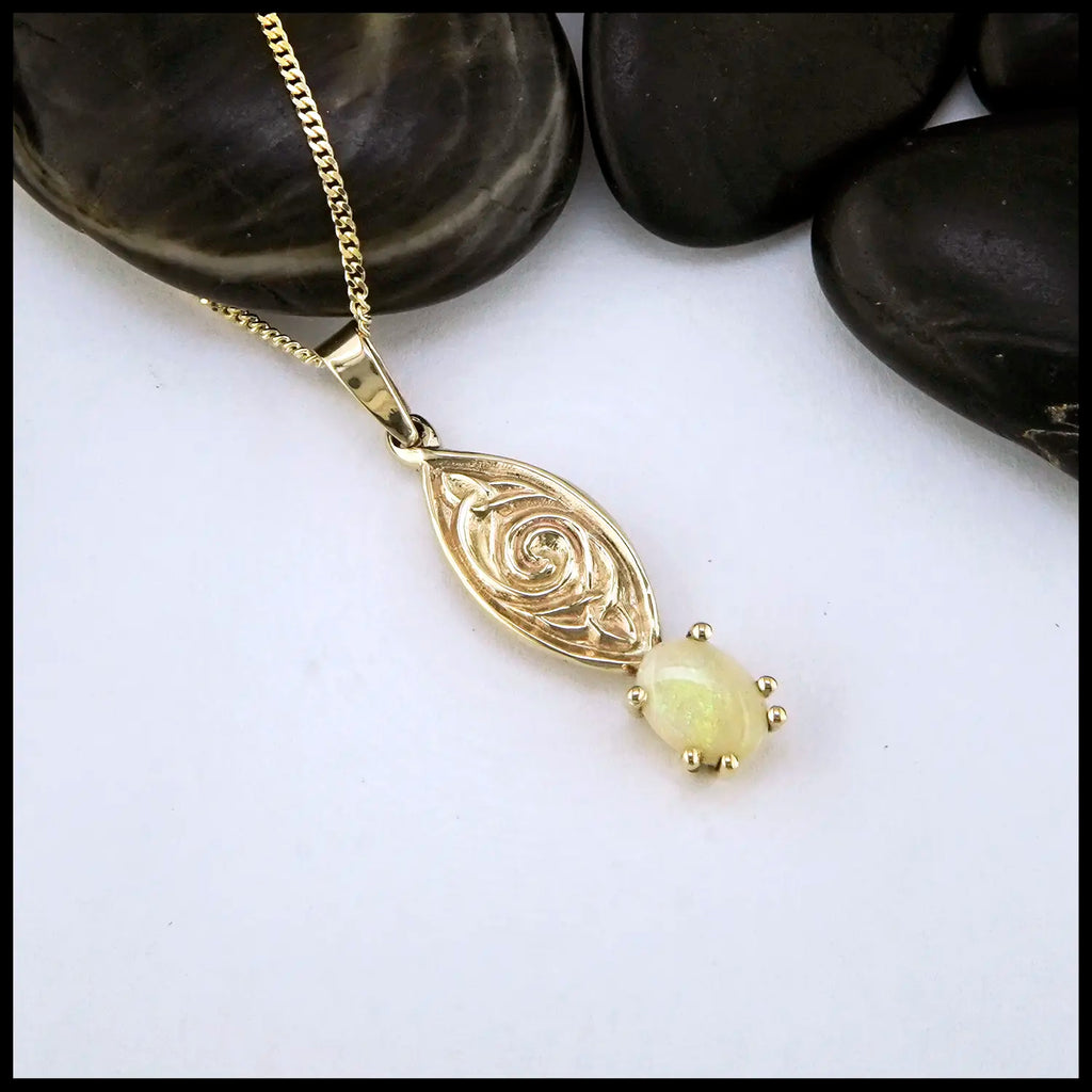 Triquetra Spiral Opal Pendant set in 14K Yellow Gold