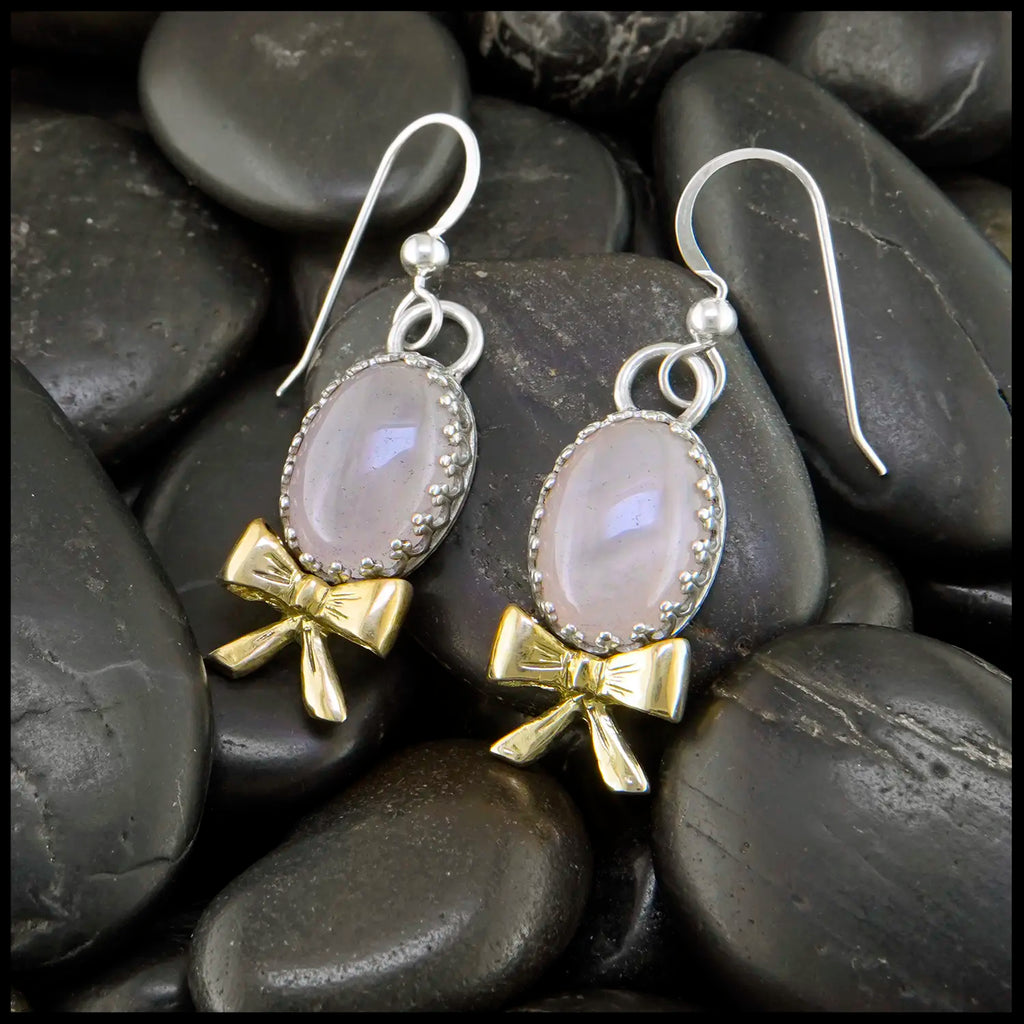 Rose Quartz Drop Earrings in Sterling Silver and 18K Gold