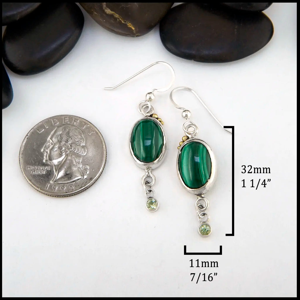 Malachite and Mint Garnet Drop Earrings in Sterling Silver and 18K Yellow Gold
32mm x 11mm