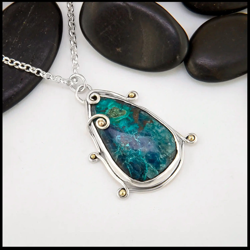Shattuckite Pendant in Sterling Silver and 18K Gold