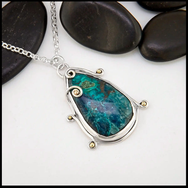 Shattuckite Pendant in Sterling Silver and 18K Gold